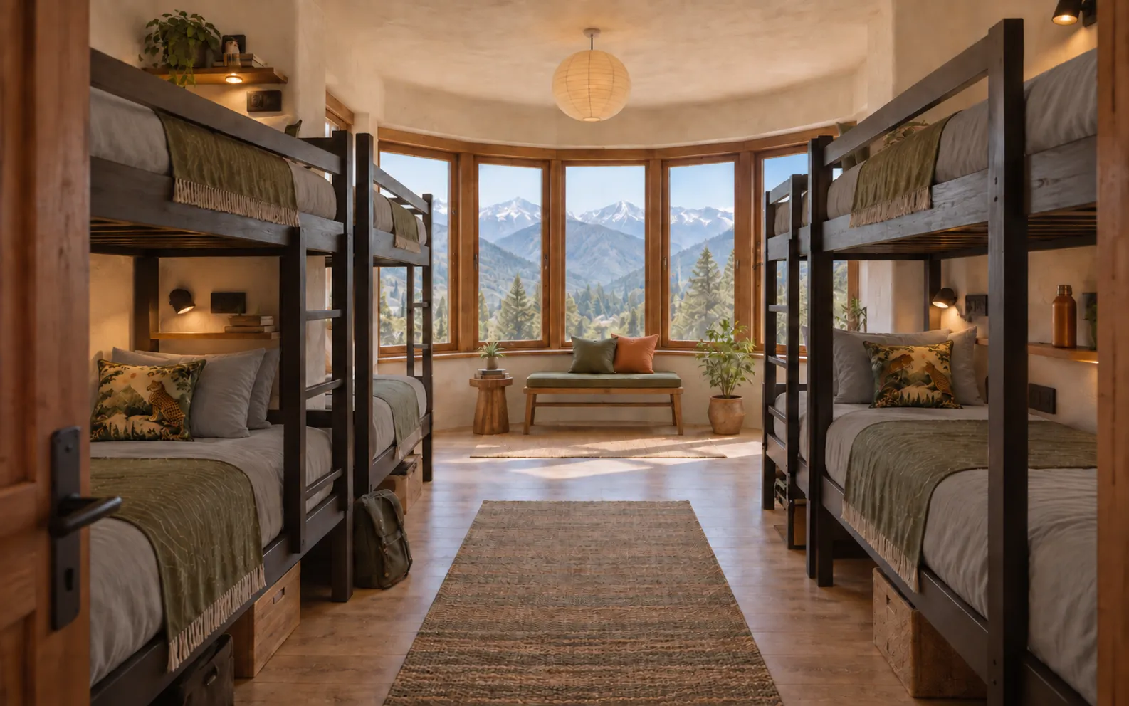 Design concept of a female-only bunk room with grey bedding